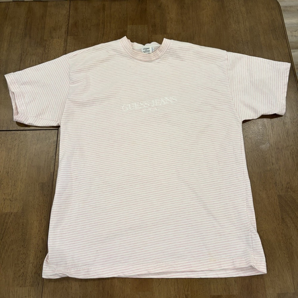 Vintage 90's Guess Jeans USA Pink & White Striped Short Sleeve Shirt Size Large - Picture 1 of 9